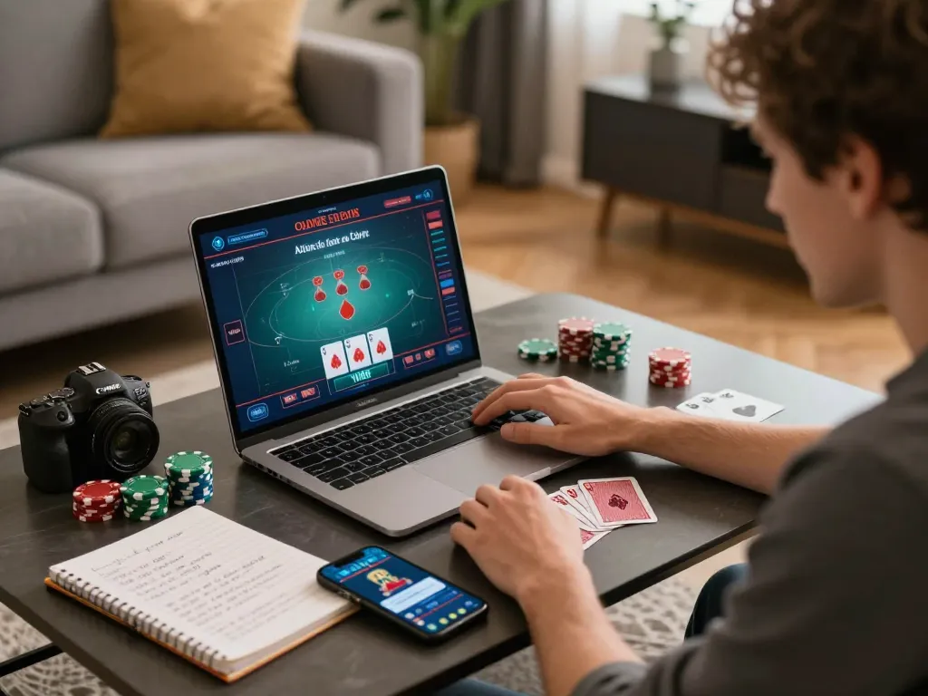VA88 online casino player strategizing with poker cards and chips in cozy home setup.