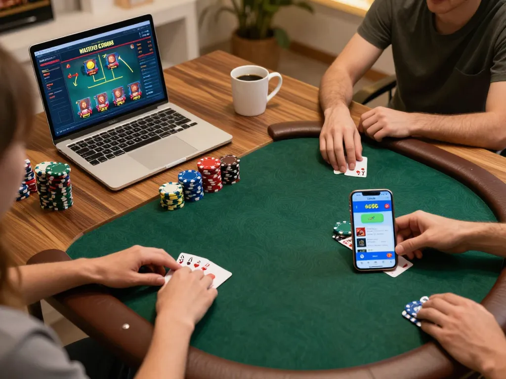 Engaged players placing bets at sc88 casino online poker game in a cozy home setting.