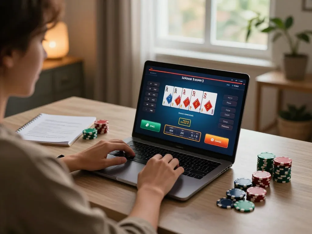 Player engaged in online poker game on laptop, showcasing HM88 strategy with organized notes and chips.