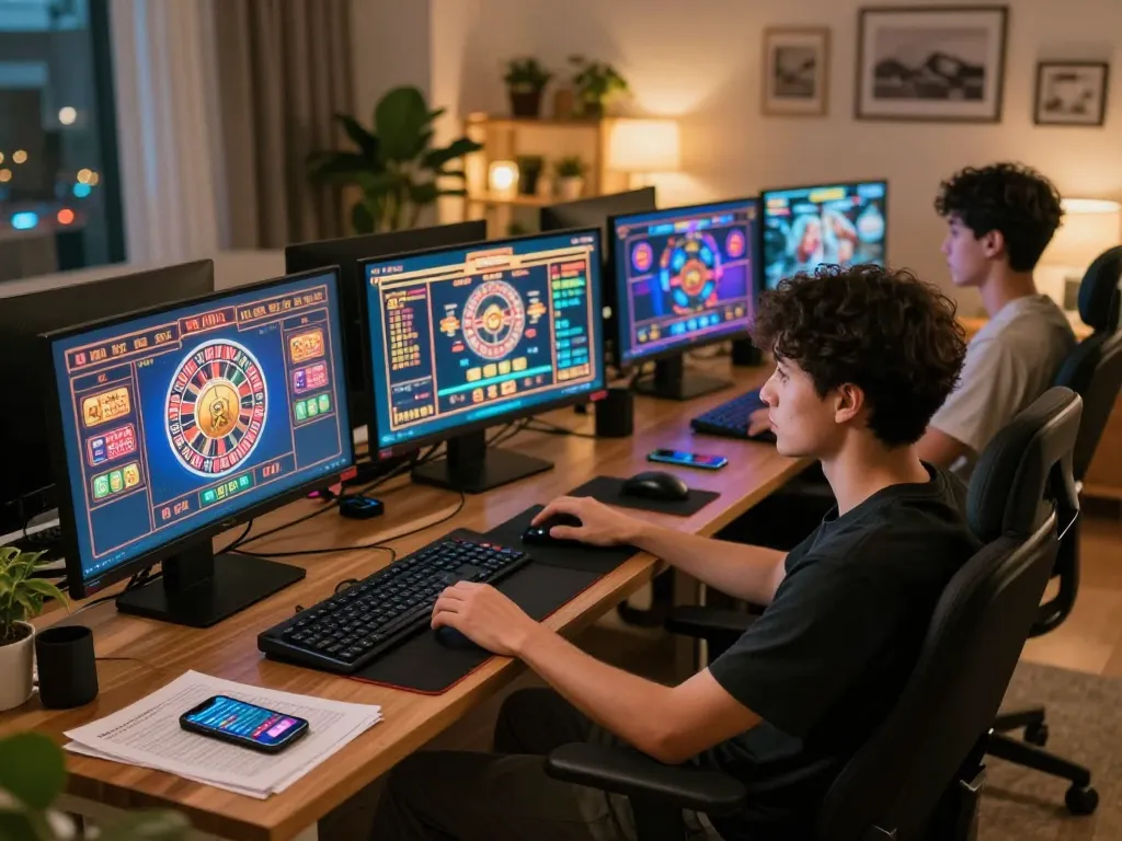 VU88 online gaming session with multiple screens and focused player engaging in slot and roulette games