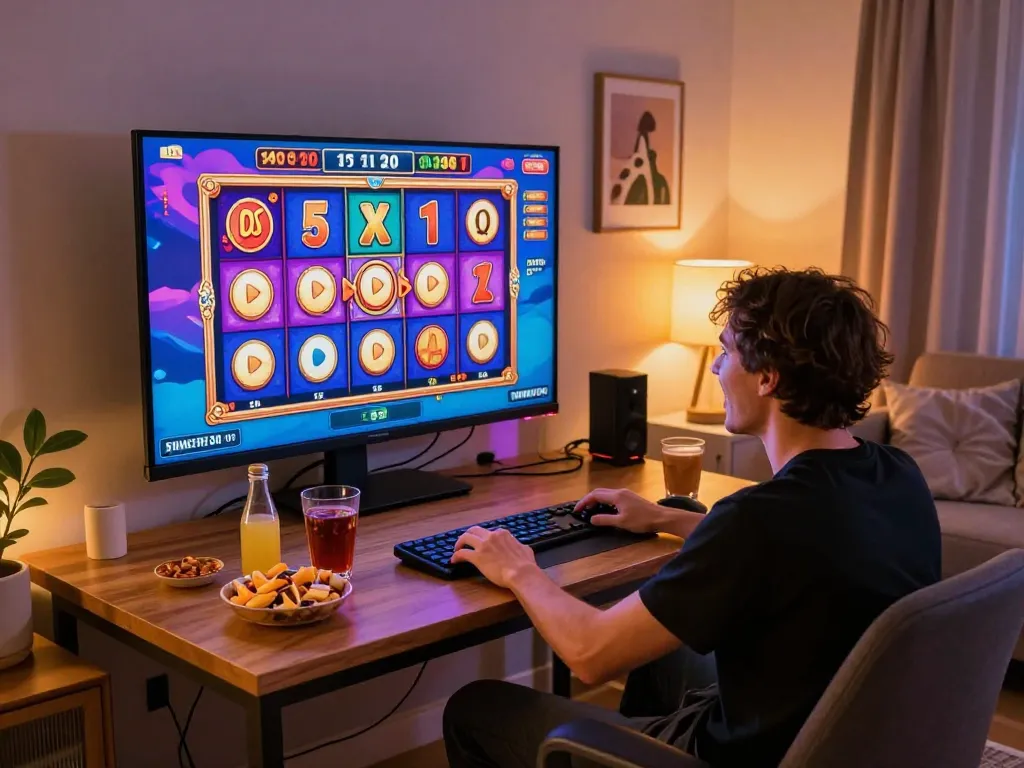 Excited player engaging with a slot bonus game on a large screen in a cozy home setting.