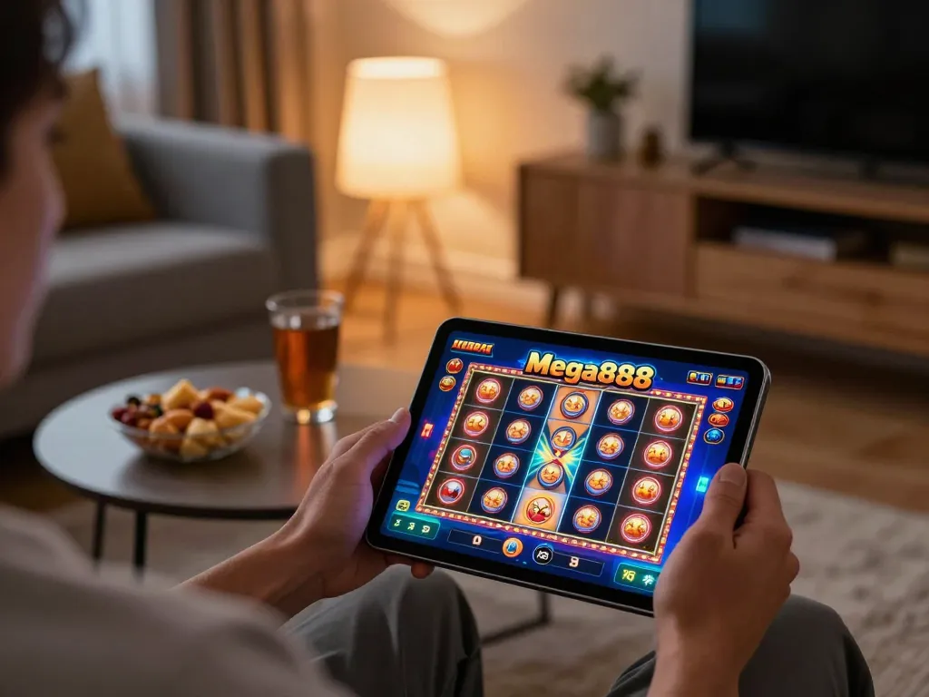 Laman web rasmi Mega888 dengan pengguna yang bermain permainan di tablet, menyoroti pengalaman permainan dalam talian yang ceria dalam suasana yang selesa