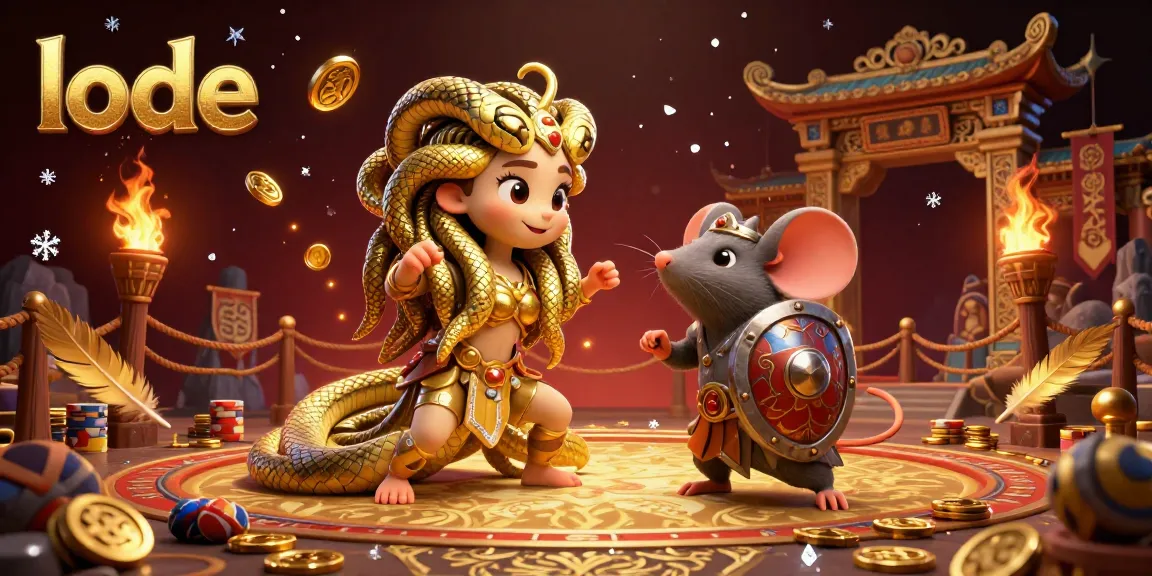 Engage with lode's exciting online gambling experience featuring Medusa and a warrior mouse in action.