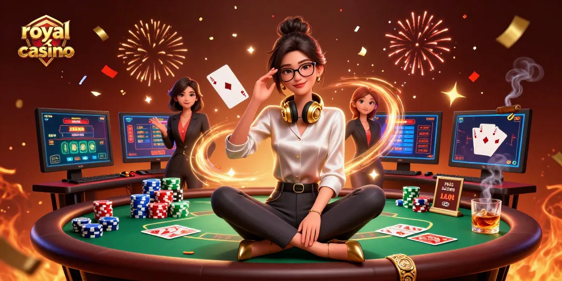Engage with royal x casino's vibrant atmosphere featuring a stylish woman and poker elements.