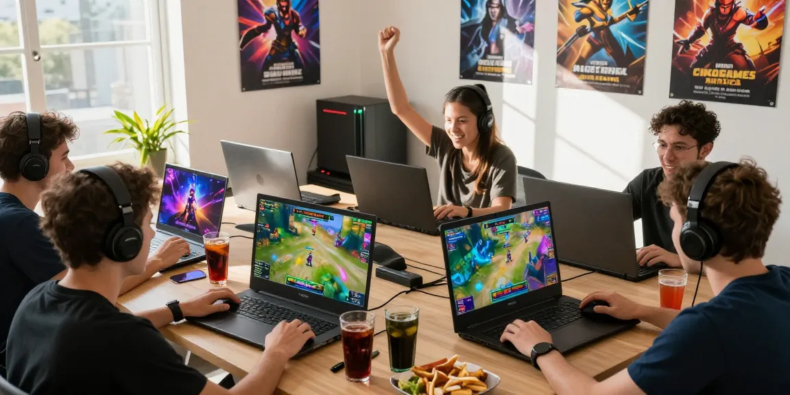 Friends enjoying games from https://cikagames.com/ in a lively gaming atmosphere filled with excitement and vibrant screens.