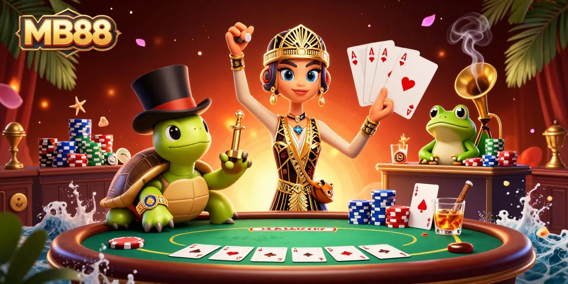 Engage in thrilling games at MB88, showcasing an entertaining casino scene with a crane, turtle, and frog.