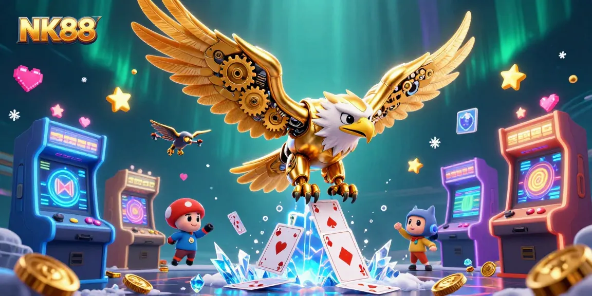Engage with thrilling gaming experiences at NK88 while a cybernetic eagle dives amidst vibrant casino elements.