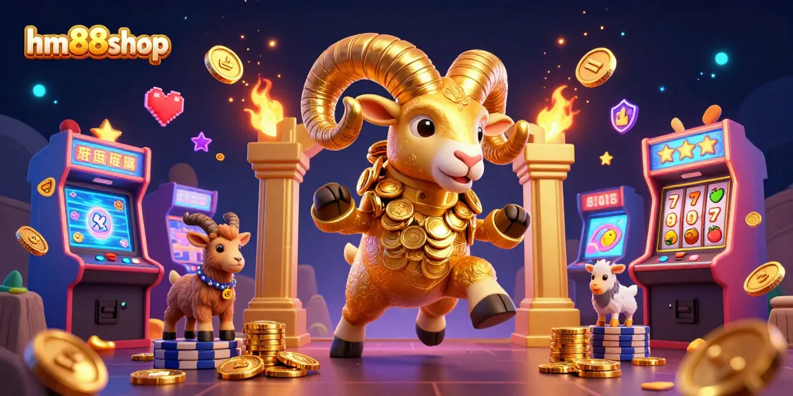 Experience the vibrant world of hm88shop with a charging golden ram amidst dazzling casino elements.